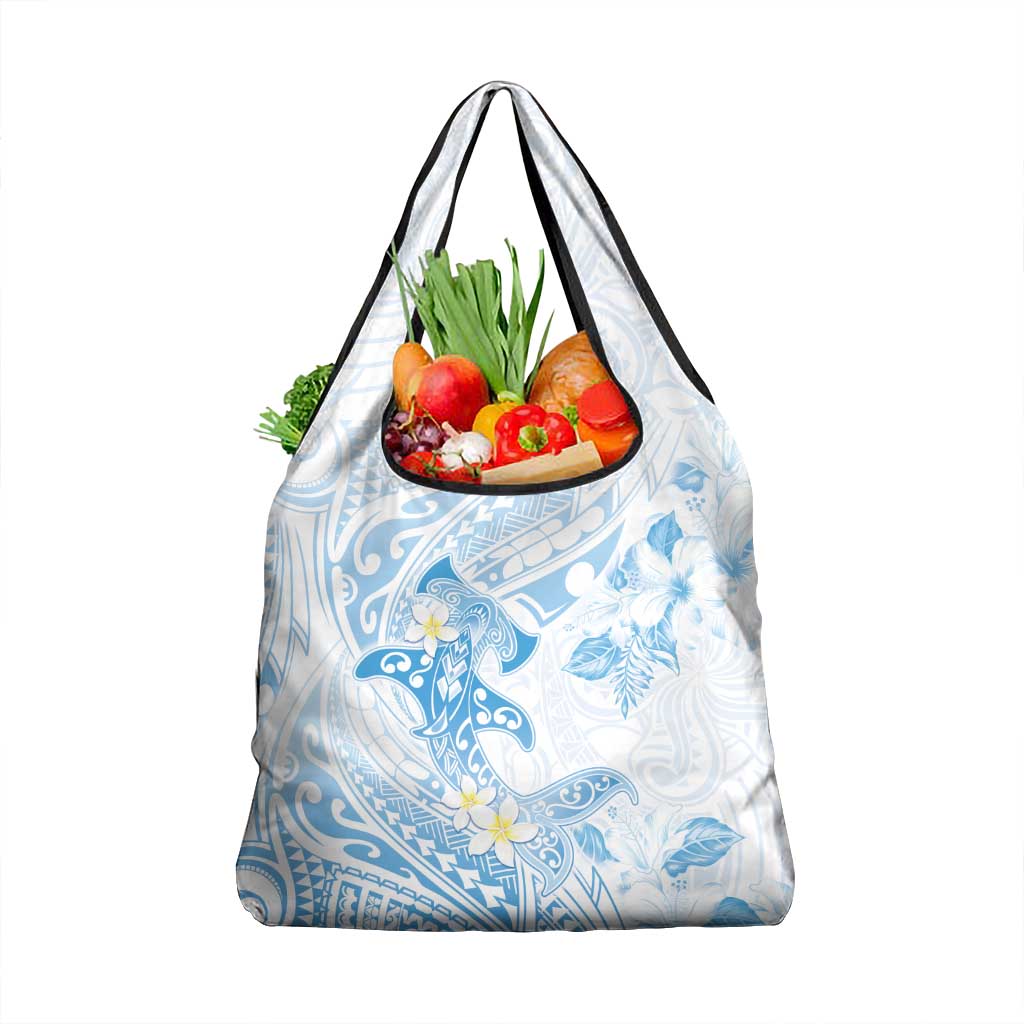 Polynesia Hammerhead Shark Grocery Bag Tropical Flowers Tribal Pattern Blue