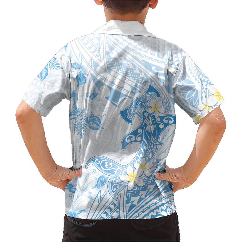 Polynesia Hammerhead Shark Kid Hawaiian Shirt Tropical Flowers Tribal Pattern Blue