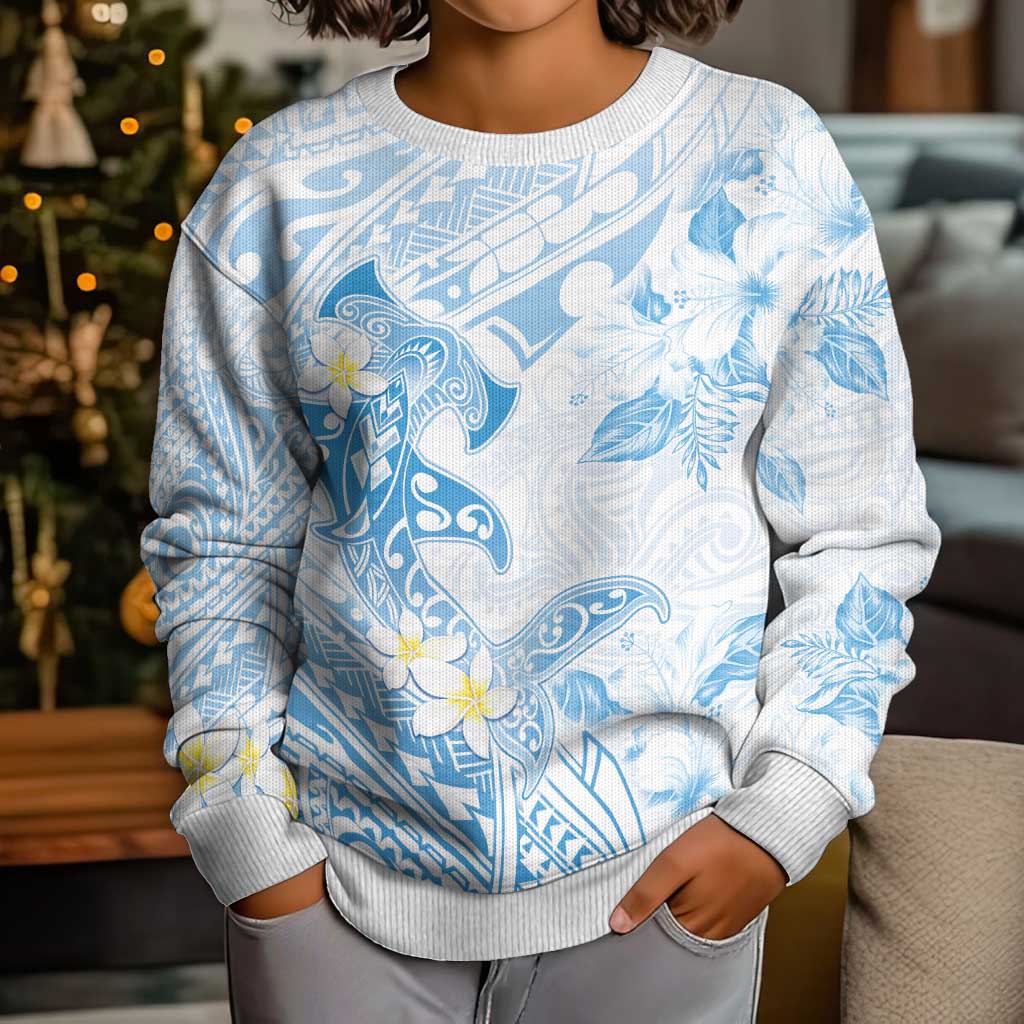 Polynesia Hammerhead Shark Kid Ugly Christmas Sweater Tropical Flowers Tribal Pattern Blue LT05 - Polynesian Pride