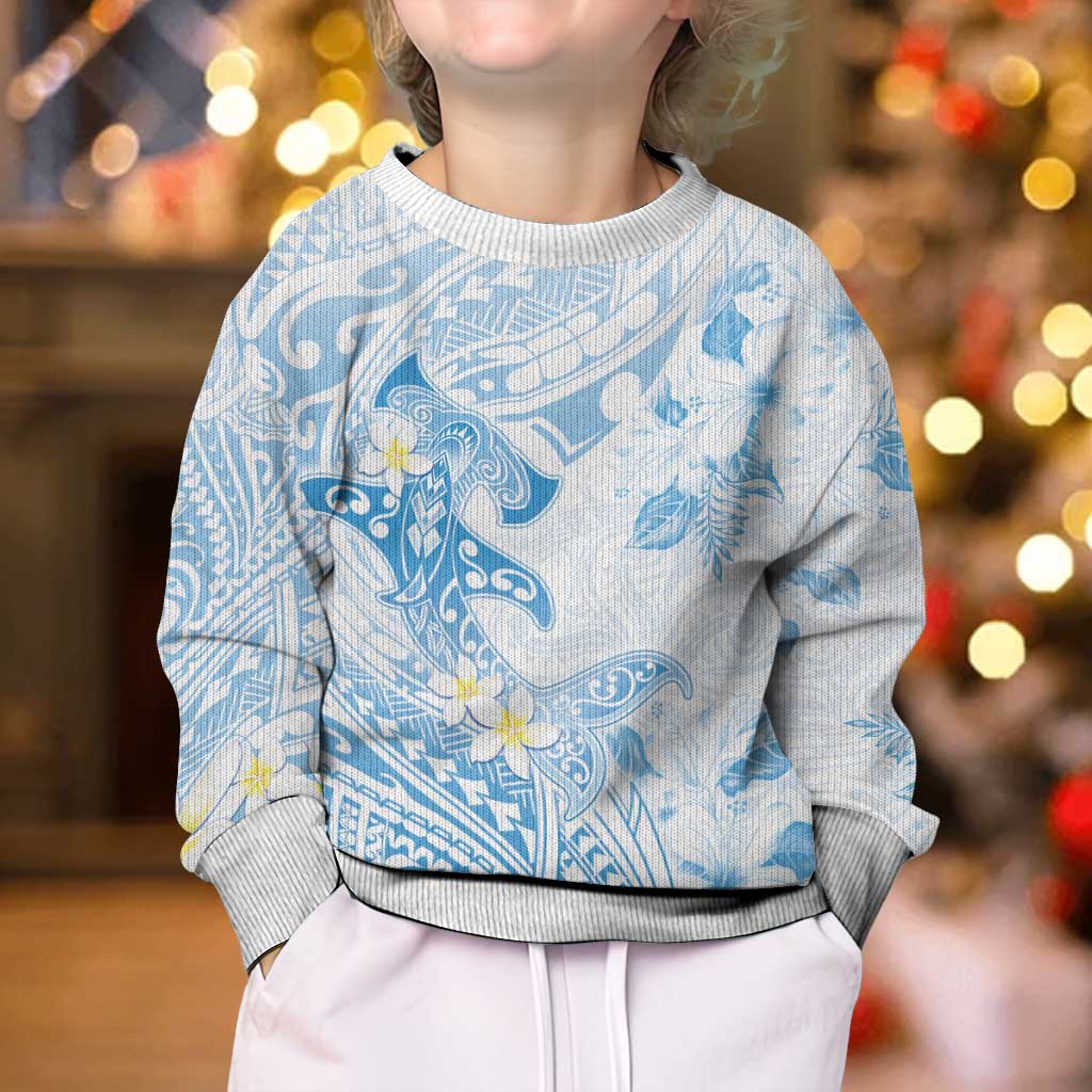 Polynesia Hammerhead Shark Kid Ugly Christmas Sweater Tropical Flowers Tribal Pattern Blue LT05 - Polynesian Pride