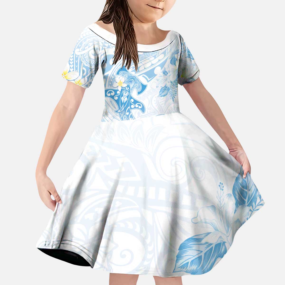 Polynesia Hammerhead Shark Kid Short Sleeve Dress Tropical Flowers Tribal Pattern Blue LT05 KID Blue - Polynesian Pride