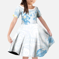 Polynesia Hammerhead Shark Kid Short Sleeve Dress Tropical Flowers Tribal Pattern Blue LT05 KID Blue - Polynesian Pride