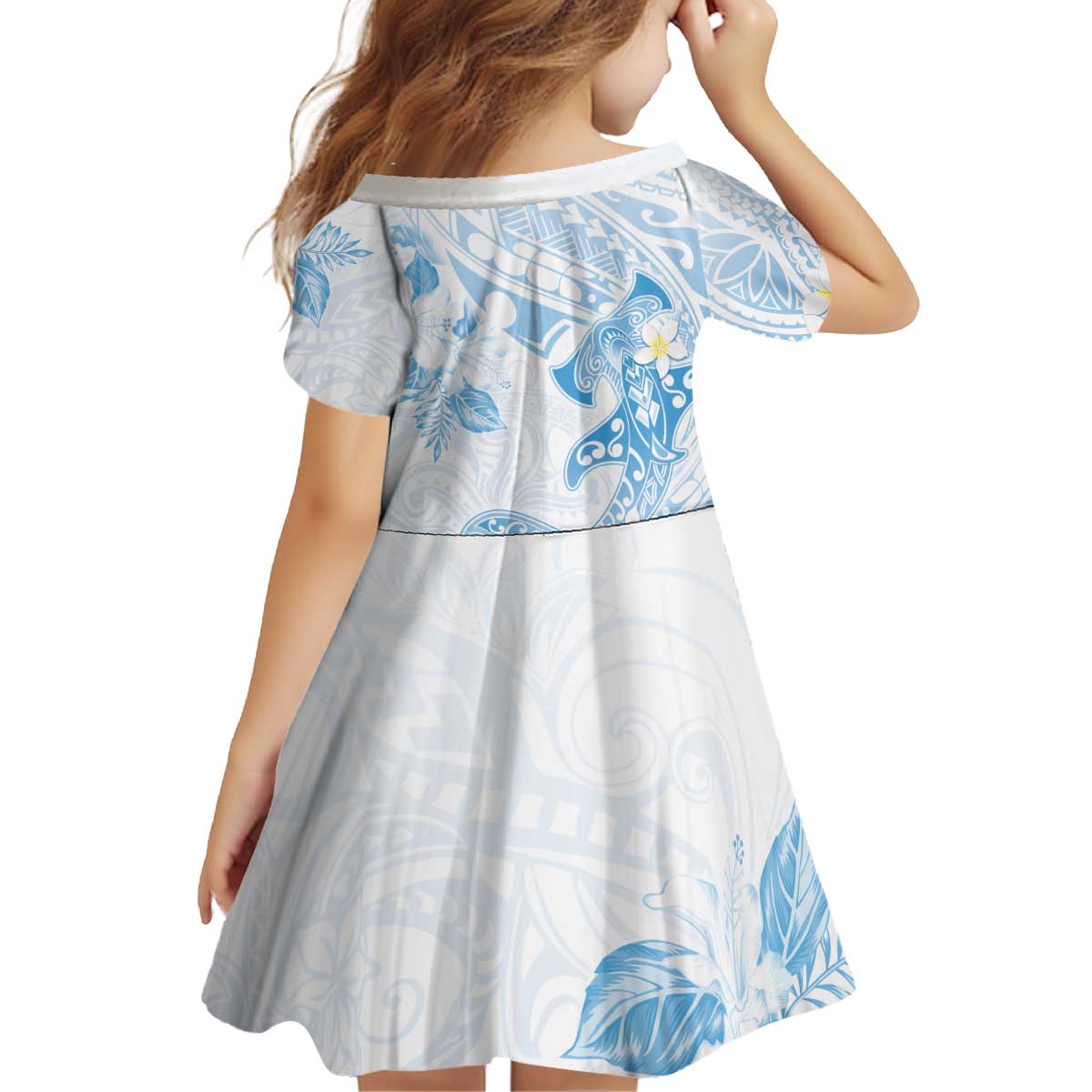 Polynesia Hammerhead Shark Kid Short Sleeve Dress Tropical Flowers Tribal Pattern Blue LT05 - Polynesian Pride