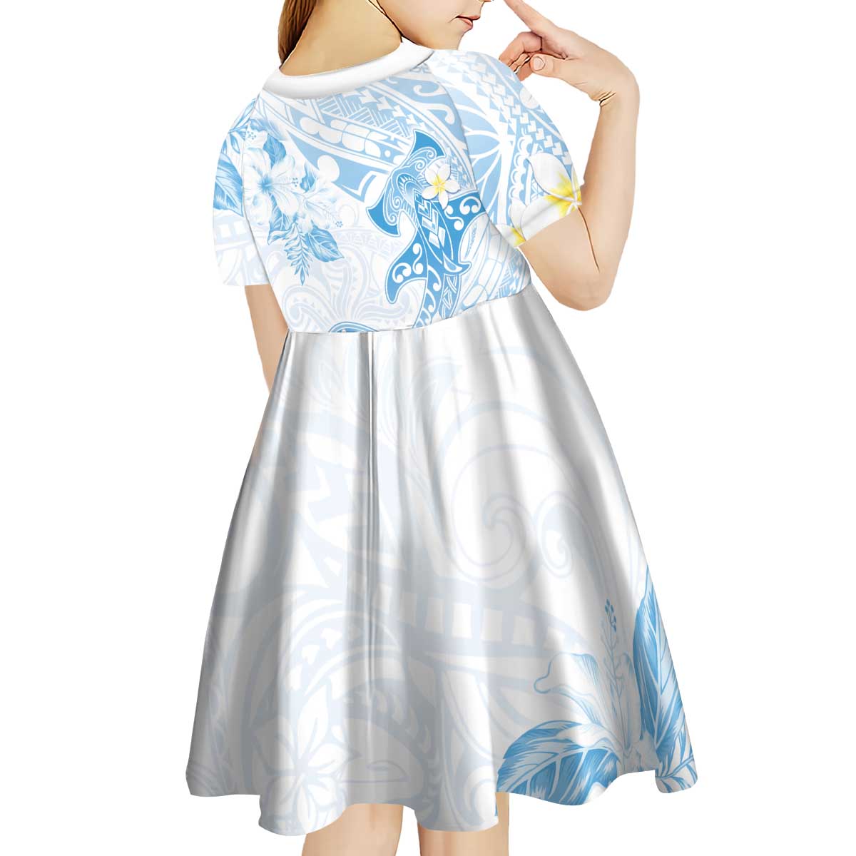 Polynesia Hammerhead Shark Kid Short Sleeve Dress Tropical Flowers Tribal Pattern Blue LT05 - Polynesian Pride