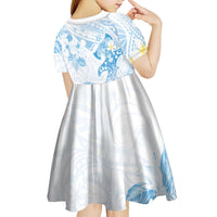 Polynesia Hammerhead Shark Kid Short Sleeve Dress Tropical Flowers Tribal Pattern Blue LT05 - Polynesian Pride