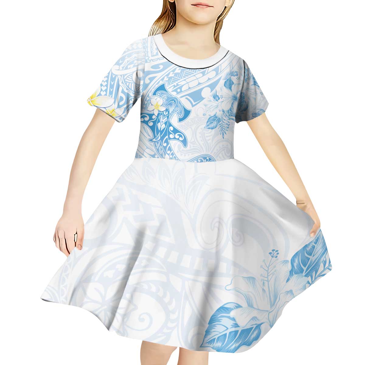Polynesia Hammerhead Shark Kid Short Sleeve Dress Tropical Flowers Tribal Pattern Blue LT05 - Polynesian Pride