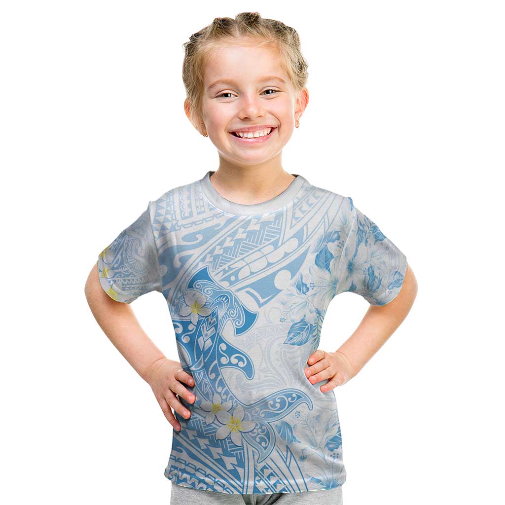 Polynesia Hammerhead Shark Kid T Shirt Tropical Flowers Tribal Pattern Blue LT05 Blue - Polynesian Pride