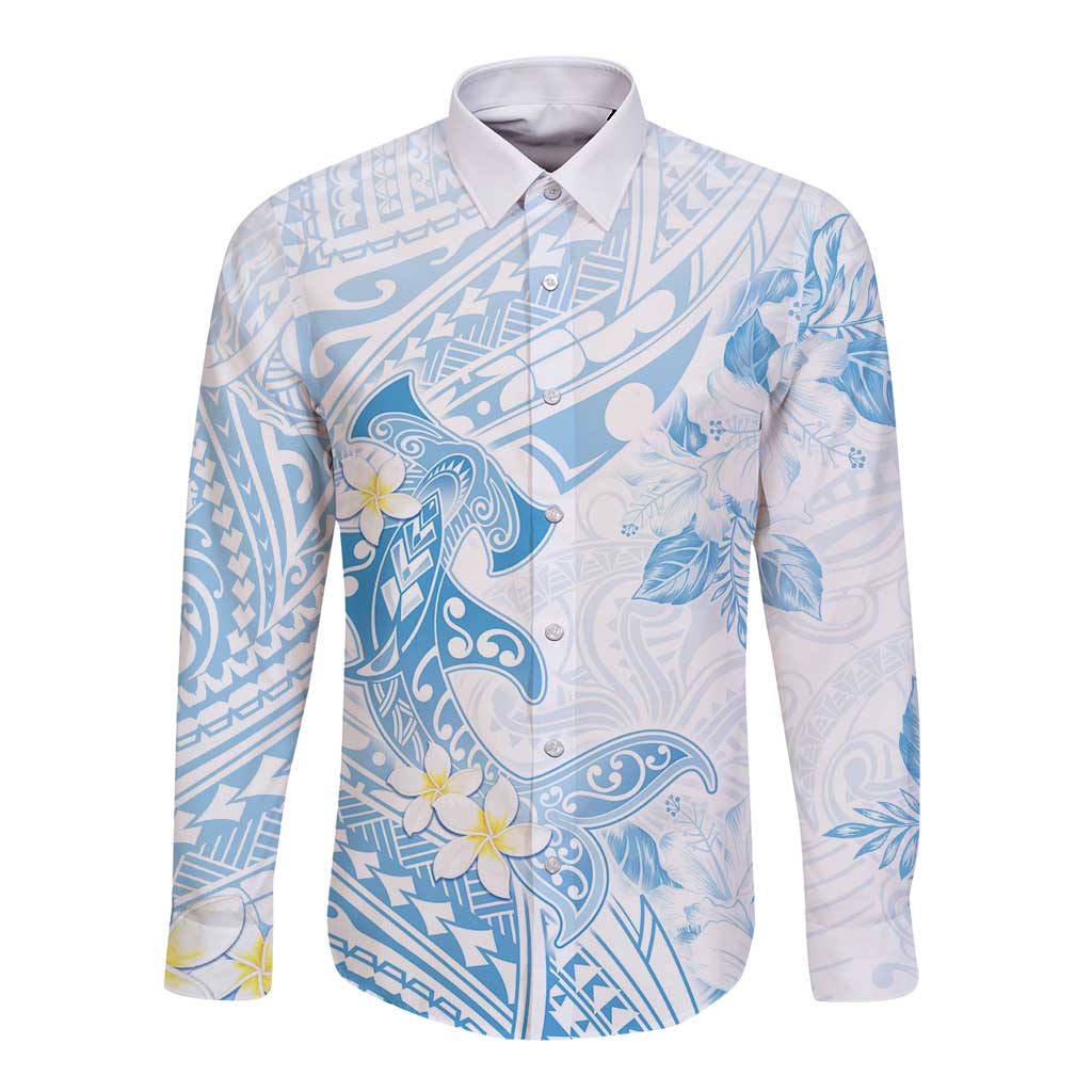 Polynesia Hammerhead Shark Long Sleeve Button Shirt Tropical Flowers Tribal Pattern Blue LT05 Unisex Blue - Polynesian Pride