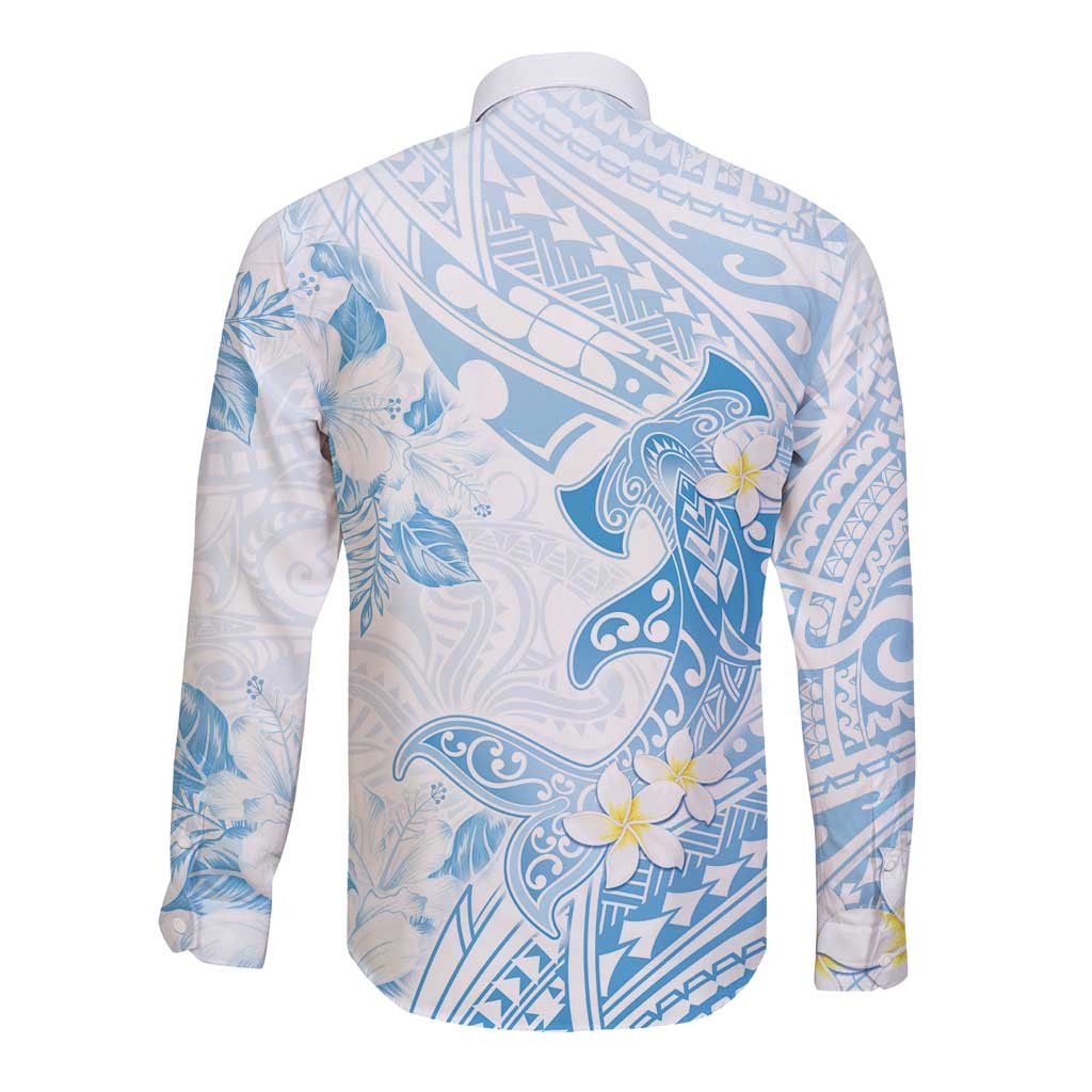 Polynesia Hammerhead Shark Long Sleeve Button Shirt Tropical Flowers Tribal Pattern Blue LT05 - Polynesian Pride