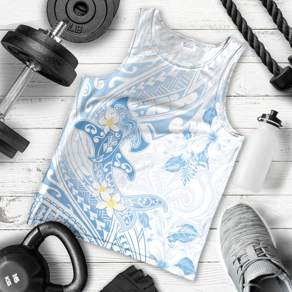Polynesia Hammerhead Shark Men Tank Top Tropical Flowers Tribal Pattern Blue