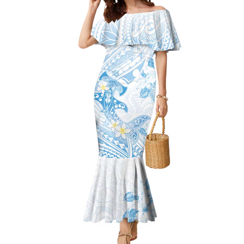 Polynesia Hammerhead Shark Mermaid Dress Tropical Flowers Tribal Pattern Blue