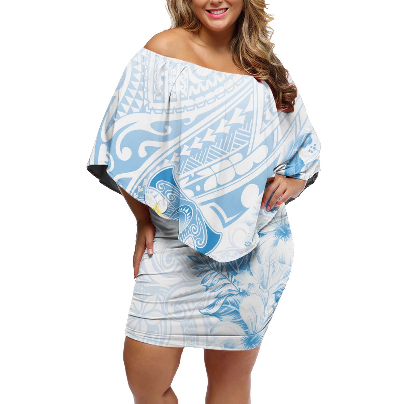 Polynesia Hammerhead Shark Off Shoulder Short Dress Tropical Flowers Tribal Pattern Blue