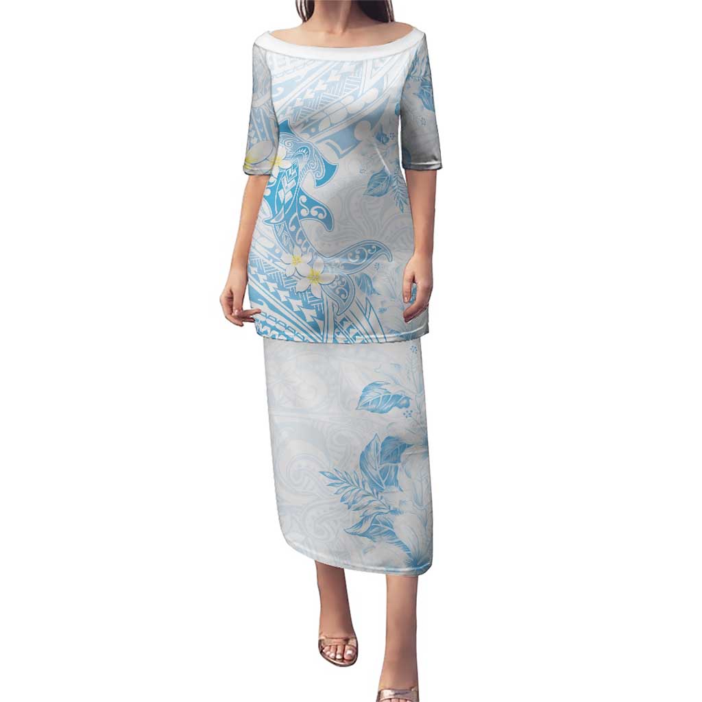 Polynesia Hammerhead Shark Puletasi Tropical Flowers Tribal Pattern Blue LT05 Long Dress Blue - Polynesian Pride