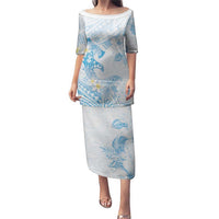 Polynesia Hammerhead Shark Puletasi Tropical Flowers Tribal Pattern Blue LT05 Long Dress Blue - Polynesian Pride