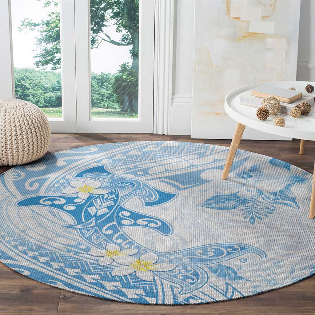 Polynesia Hammerhead Shark Round Carpet Tropical Flowers Tribal Pattern Blue