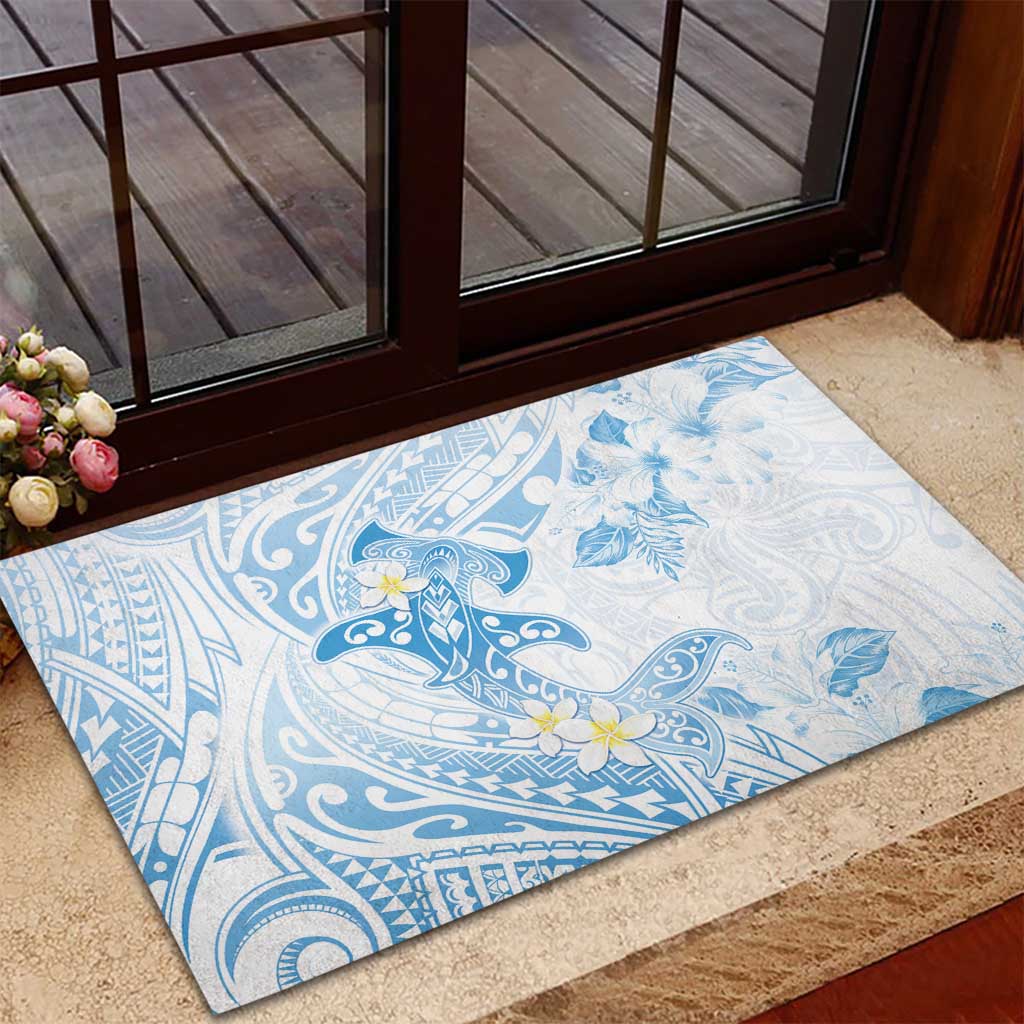 Polynesia Hammerhead Shark Rubber Doormat Tropical Flowers Tribal Pattern Blue LT05 - Polynesian Pride