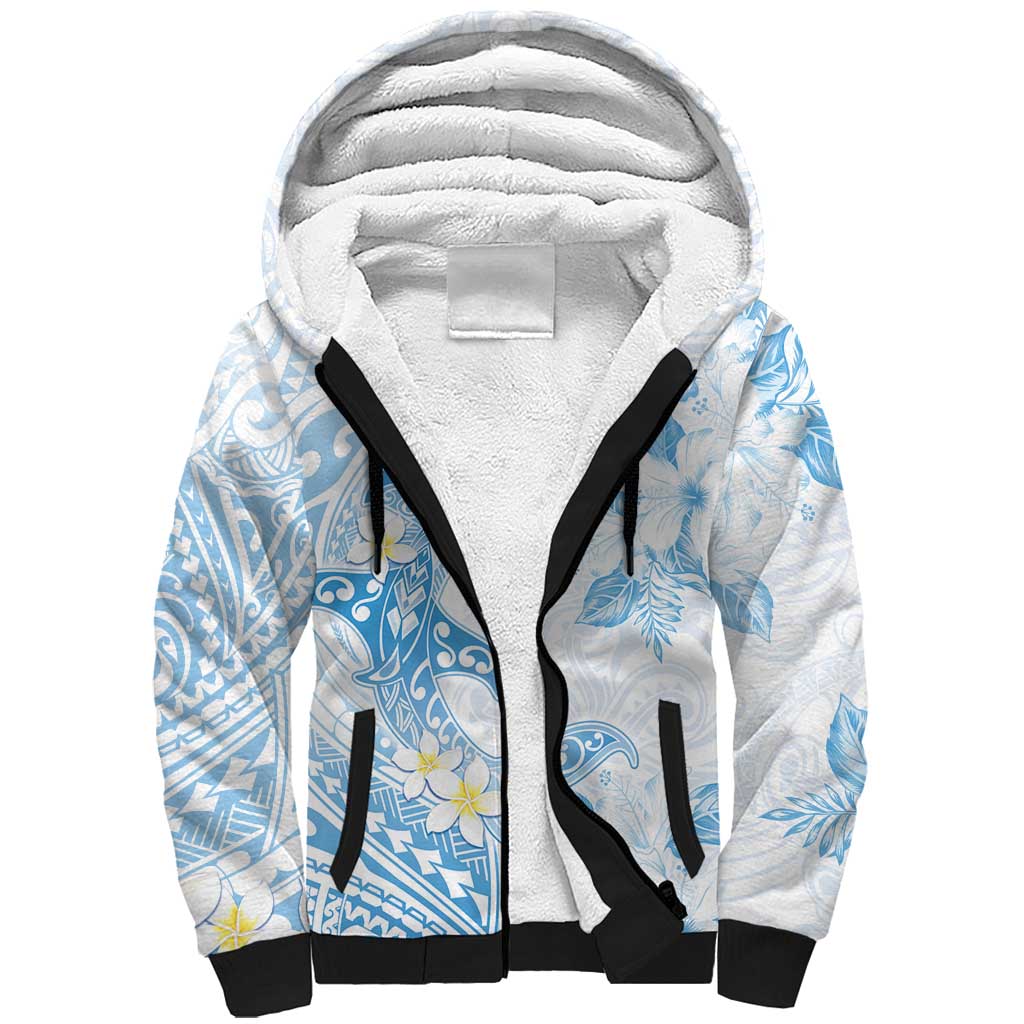 Polynesia Hammerhead Shark Sherpa Hoodie Tropical Flowers Tribal Pattern Blue