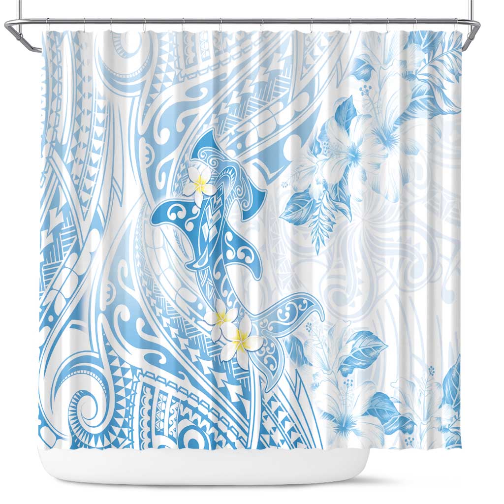 Polynesia Hammerhead Shark Shower Curtain Tropical Flowers Tribal Pattern Blue