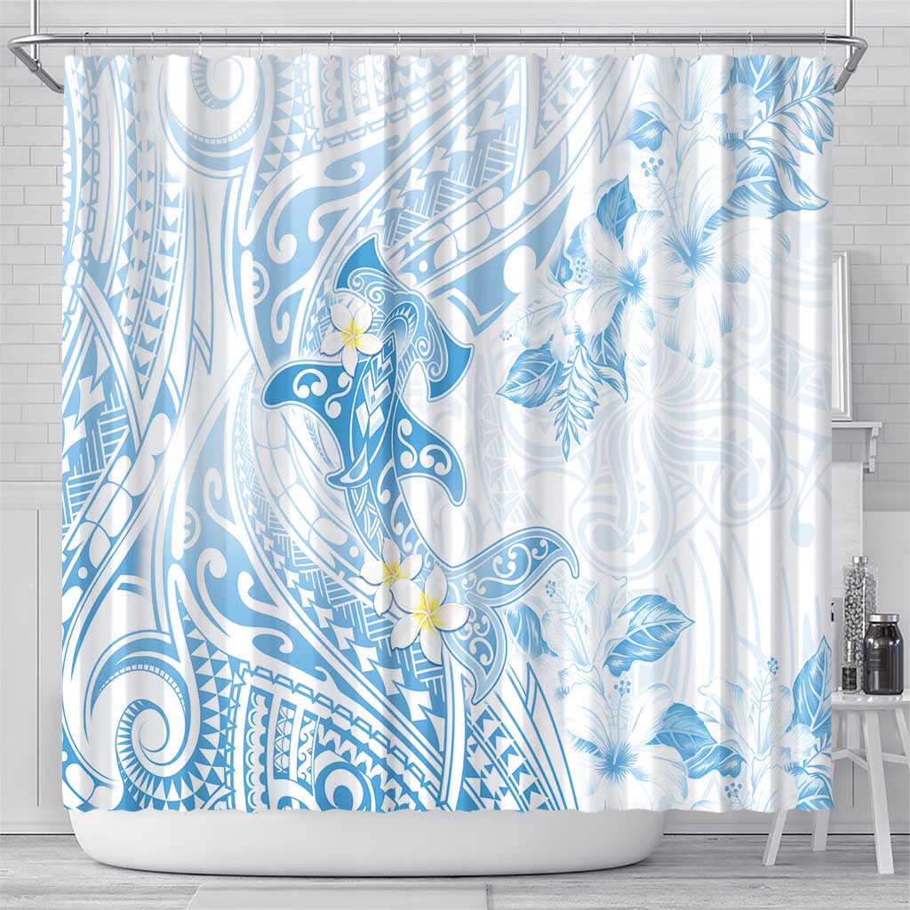 Polynesia Hammerhead Shark Shower Curtain Tropical Flowers Tribal Pattern Blue LT05 - Polynesian Pride