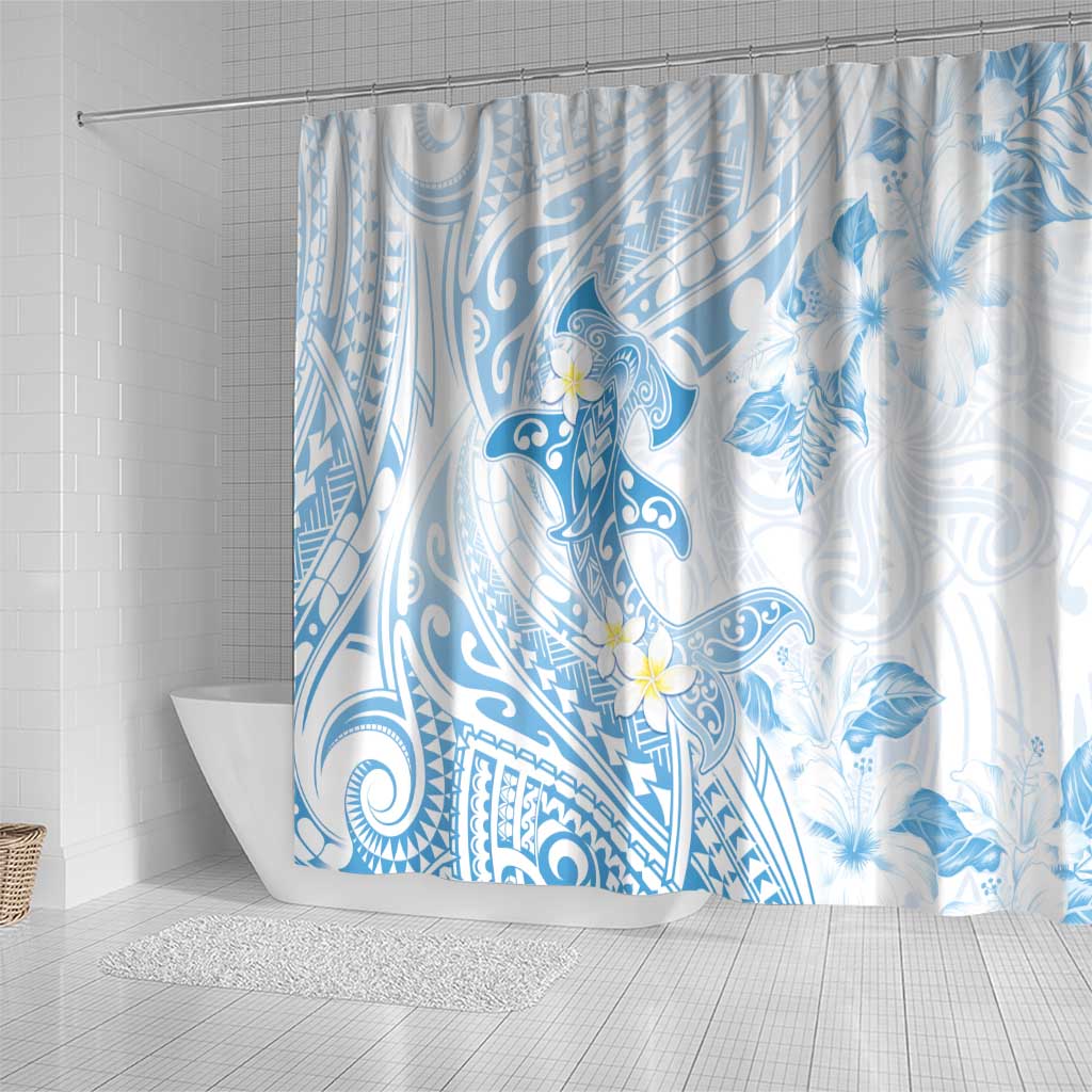 Polynesia Hammerhead Shark Shower Curtain Tropical Flowers Tribal Pattern Blue LT05 - Polynesian Pride
