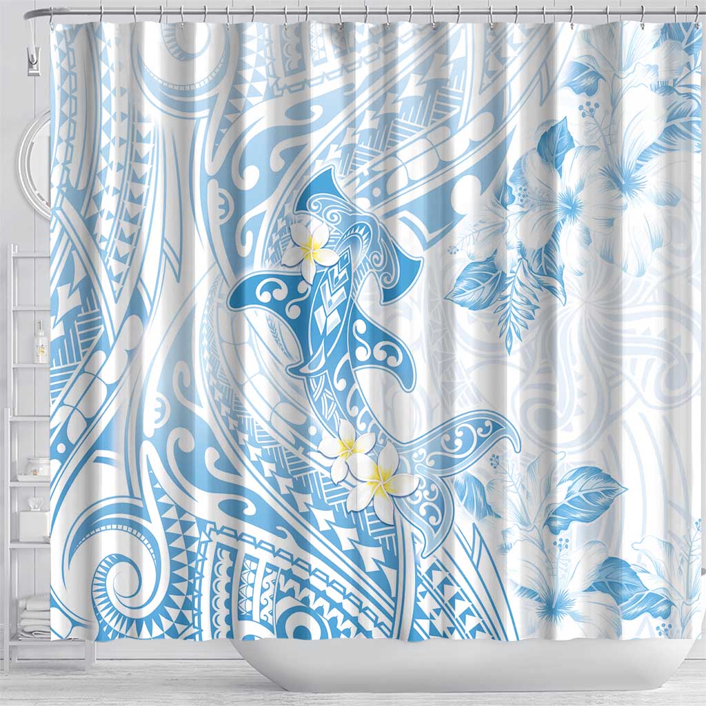 Polynesia Hammerhead Shark Shower Curtain Tropical Flowers Tribal Pattern Blue LT05 - Polynesian Pride