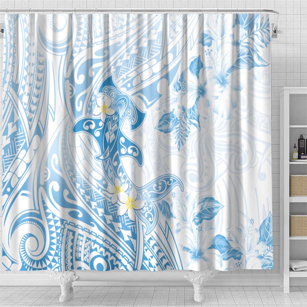 Polynesia Hammerhead Shark Shower Curtain Tropical Flowers Tribal Pattern Blue LT05 - Polynesian Pride