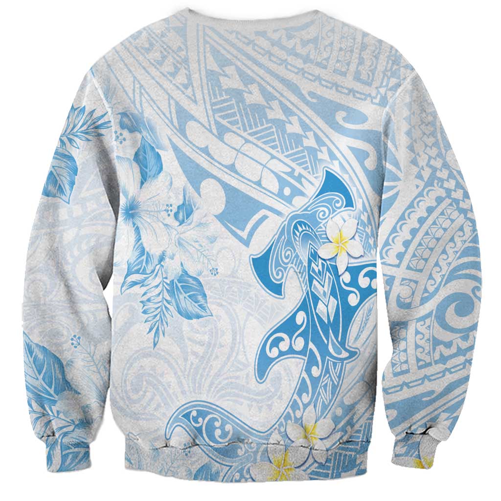 Polynesia Hammerhead Shark Sweatshirt Tropical Flowers Tribal Pattern Blue LT05 - Polynesian Pride