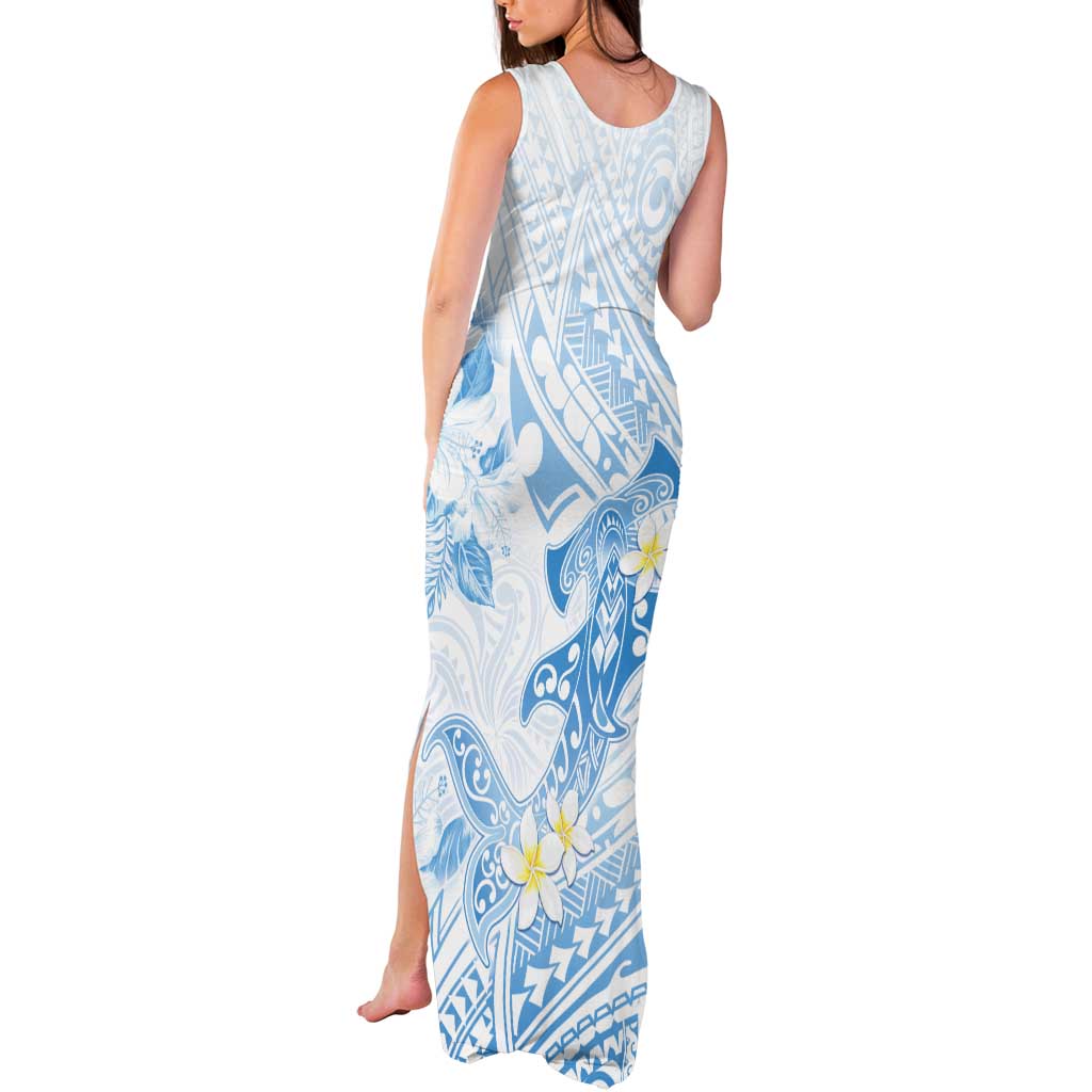 Polynesia Hammerhead Shark Tank Maxi Dress Tropical Flowers Tribal Pattern Blue