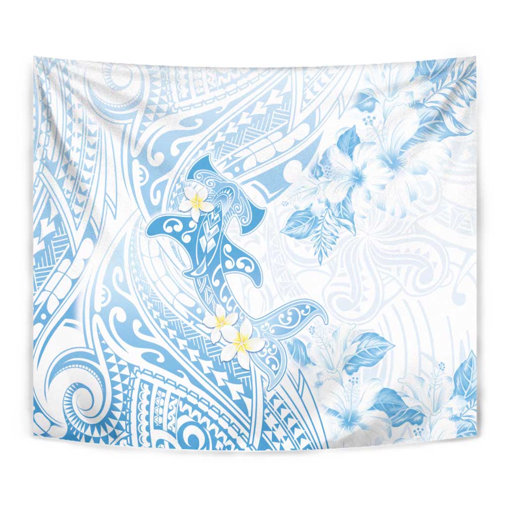 Polynesia Hammerhead Shark Tapestry Tropical Flowers Tribal Pattern Blue