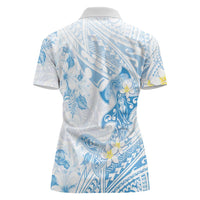 Polynesia Hammerhead Shark Women Polo Shirt Tropical Flowers Tribal Pattern Blue