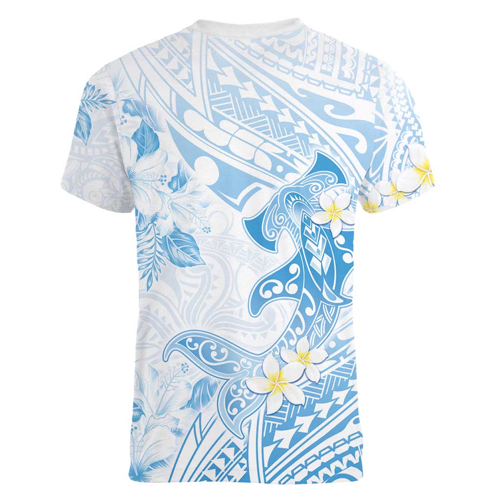 Polynesia Hammerhead Shark Women V-Neck T-Shirt Tropical Flowers Tribal Pattern Blue