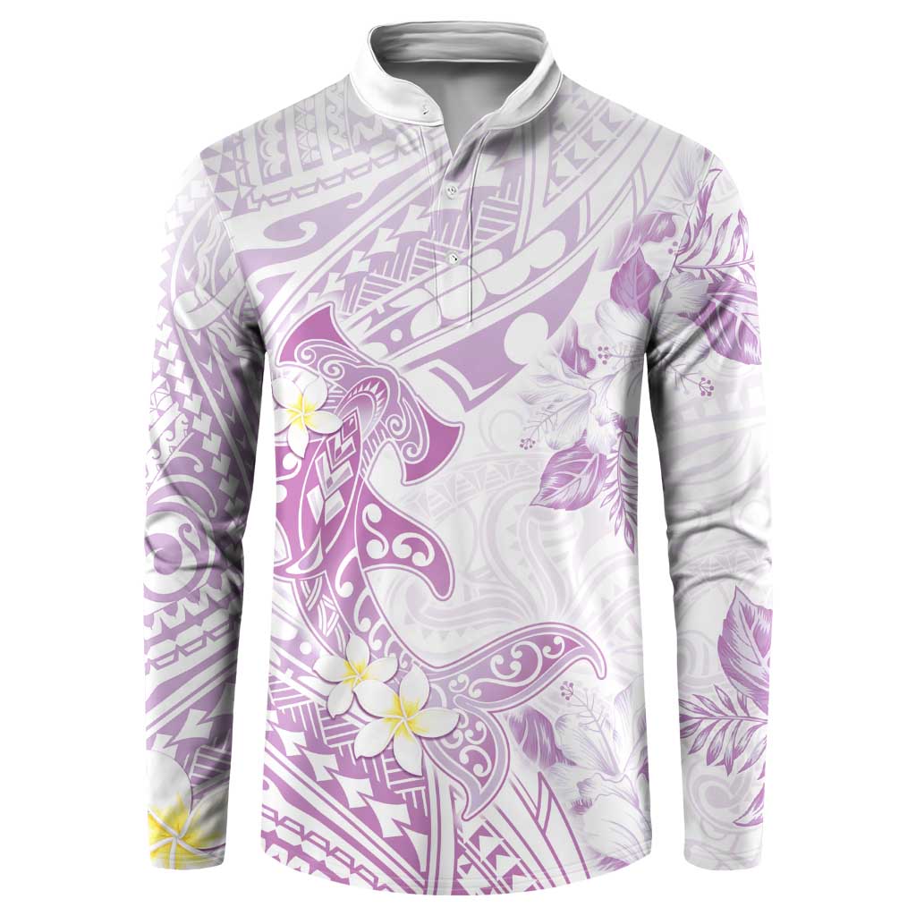 Polynesia Hammerhead Shark Button Sweatshirt Tropical Flowers Tribal Pattern Lavender