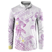 Polynesia Hammerhead Shark Button Sweatshirt Tropical Flowers Tribal Pattern Lavender