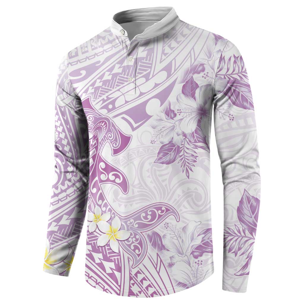 Polynesia Hammerhead Shark Button Sweatshirt Tropical Flowers Tribal Pattern Lavender