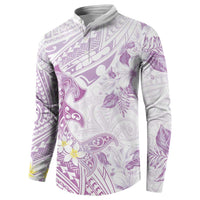Polynesia Hammerhead Shark Button Sweatshirt Tropical Flowers Tribal Pattern Lavender
