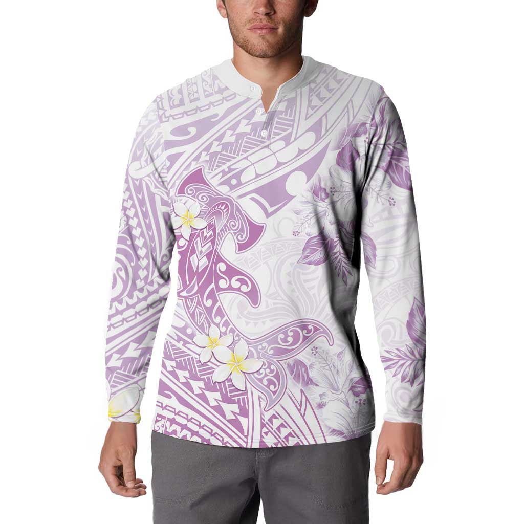 Polynesia Hammerhead Shark Button Sweatshirt Tropical Flowers Tribal Pattern Lavender