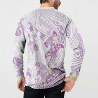Polynesia Hammerhead Shark Button Sweatshirt Tropical Flowers Tribal Pattern Lavender