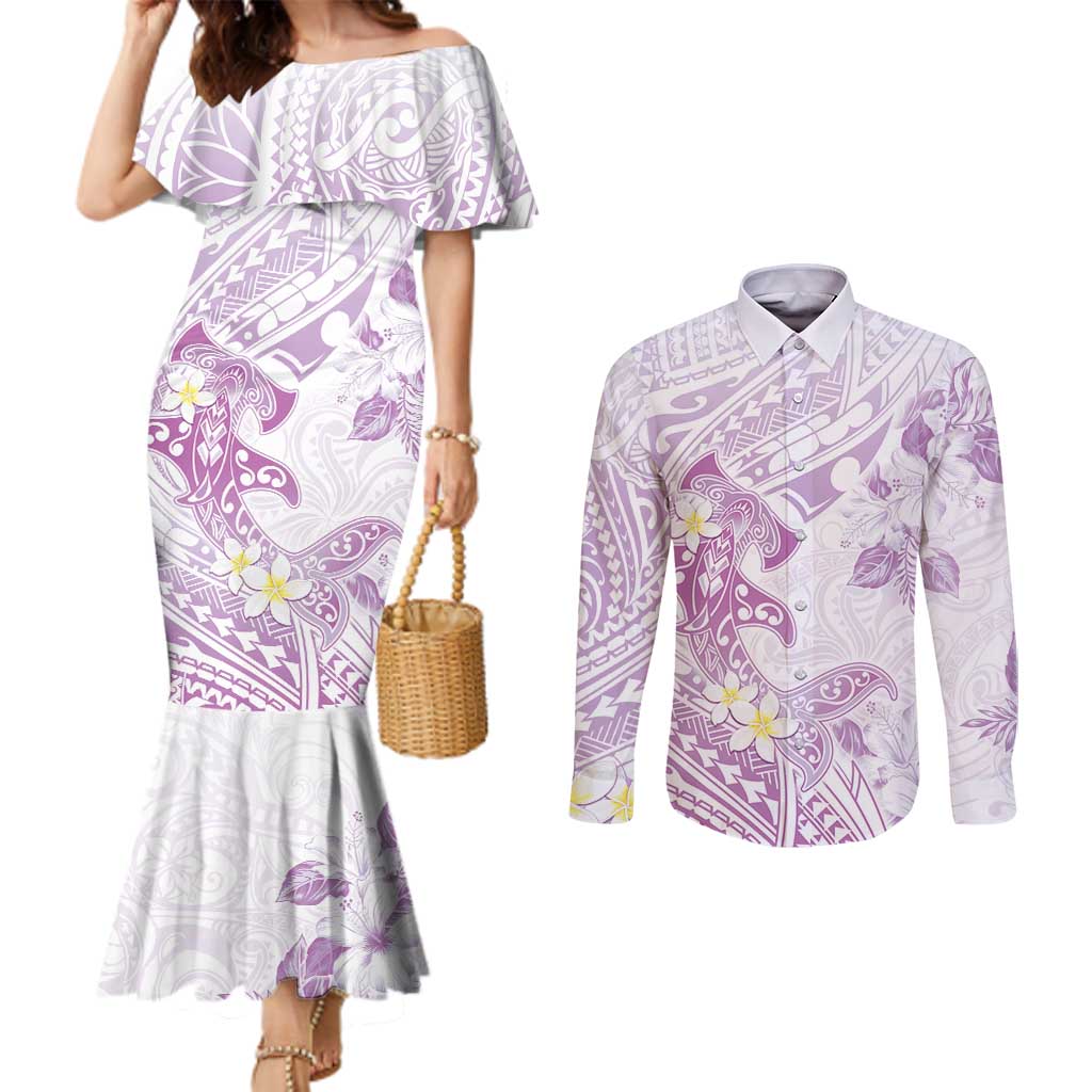 Polynesia Hammerhead Shark Couples Matching Mermaid Dress and Long Sleeve Button Shirt Tropical Flowers Tribal Pattern Lavender