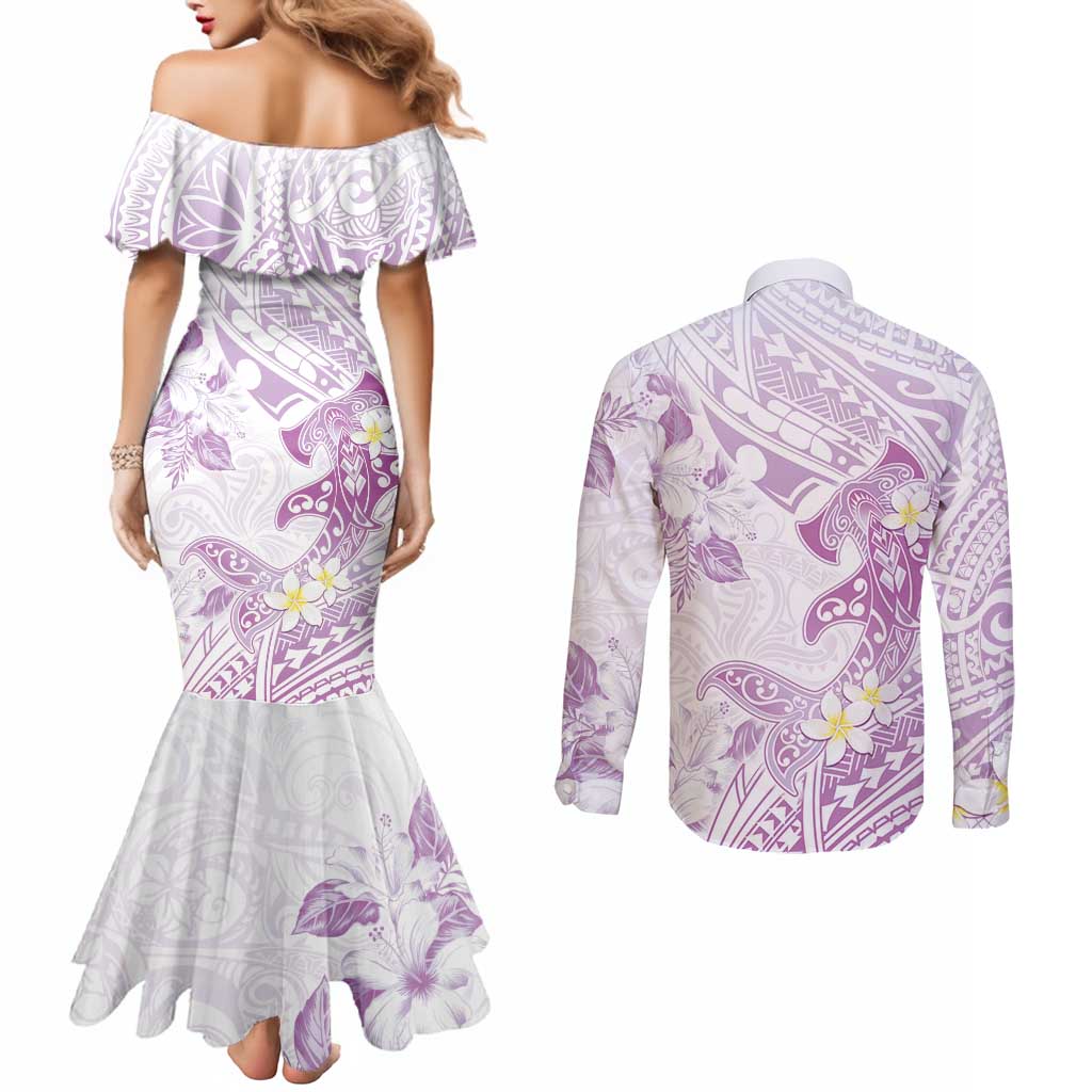 Polynesia Hammerhead Shark Couples Matching Mermaid Dress and Long Sleeve Button Shirt Tropical Flowers Tribal Pattern Lavender