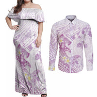Polynesia Hammerhead Shark Couples Matching Off Shoulder Maxi Dress and Long Sleeve Button Shirt Tropical Flowers Tribal Pattern Lavender
