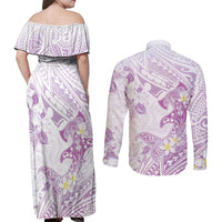 Polynesia Hammerhead Shark Couples Matching Off Shoulder Maxi Dress and Long Sleeve Button Shirt Tropical Flowers Tribal Pattern Lavender