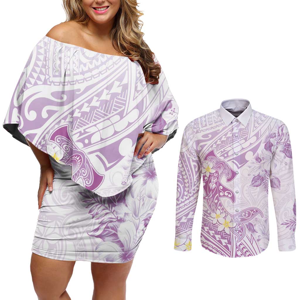 Polynesia Hammerhead Shark Couples Matching Off Shoulder Short Dress and Long Sleeve Button Shirt Tropical Flowers Tribal Pattern Lavender