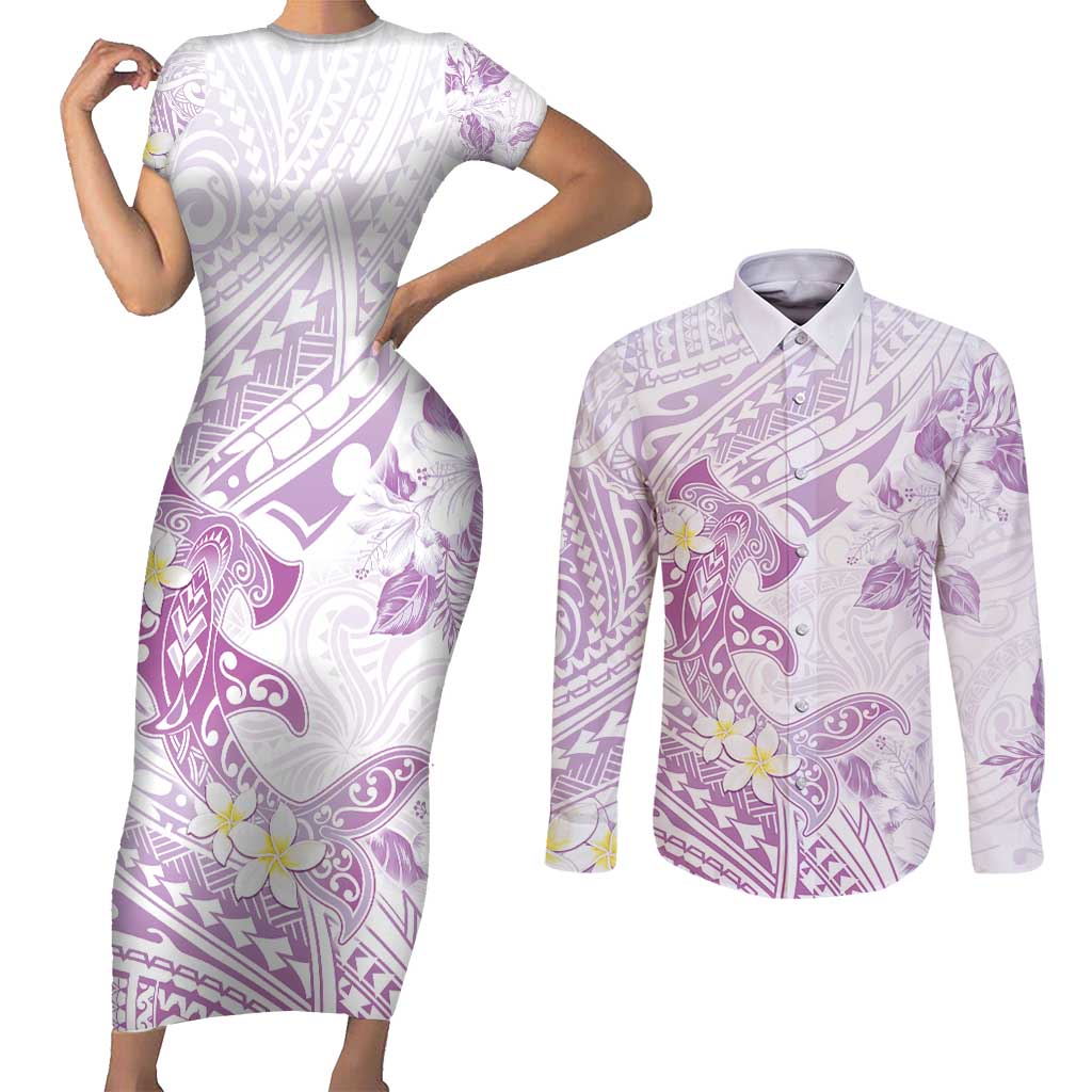 Polynesia Hammerhead Shark Couples Matching Short Sleeve Bodycon Dress and Long Sleeve Button Shirt Tropical Flowers Tribal Pattern Lavender
