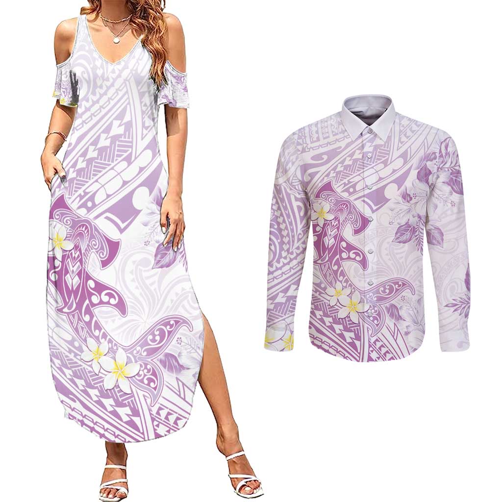 Polynesia Hammerhead Shark Couples Matching Summer Maxi Dress and Long Sleeve Button Shirt Tropical Flowers Tribal Pattern Lavender