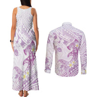 Polynesia Hammerhead Shark Couples Matching Tank Maxi Dress and Long Sleeve Button Shirt Tropical Flowers Tribal Pattern Lavender