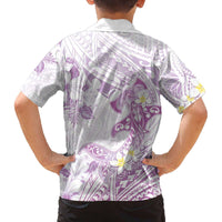 Polynesia Hammerhead Shark Family Matching Off The Shoulder Long Sleeve Dress and Hawaiian Shirt Tropical Flowers Tribal Pattern Lavender
