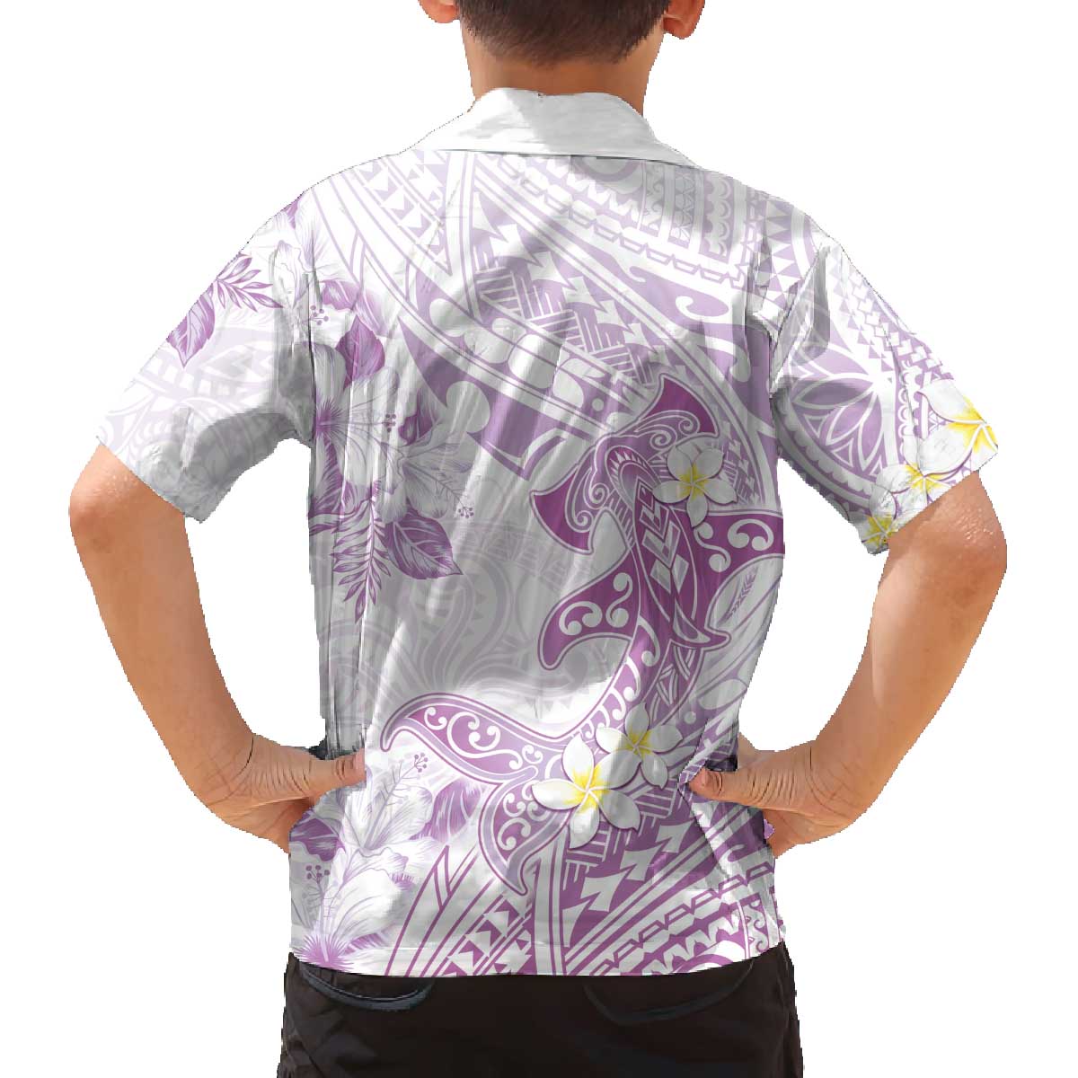 Polynesia Hammerhead Shark Family Matching Puletasi and Hawaiian Shirt Tropical Flowers Tribal Pattern Lavender