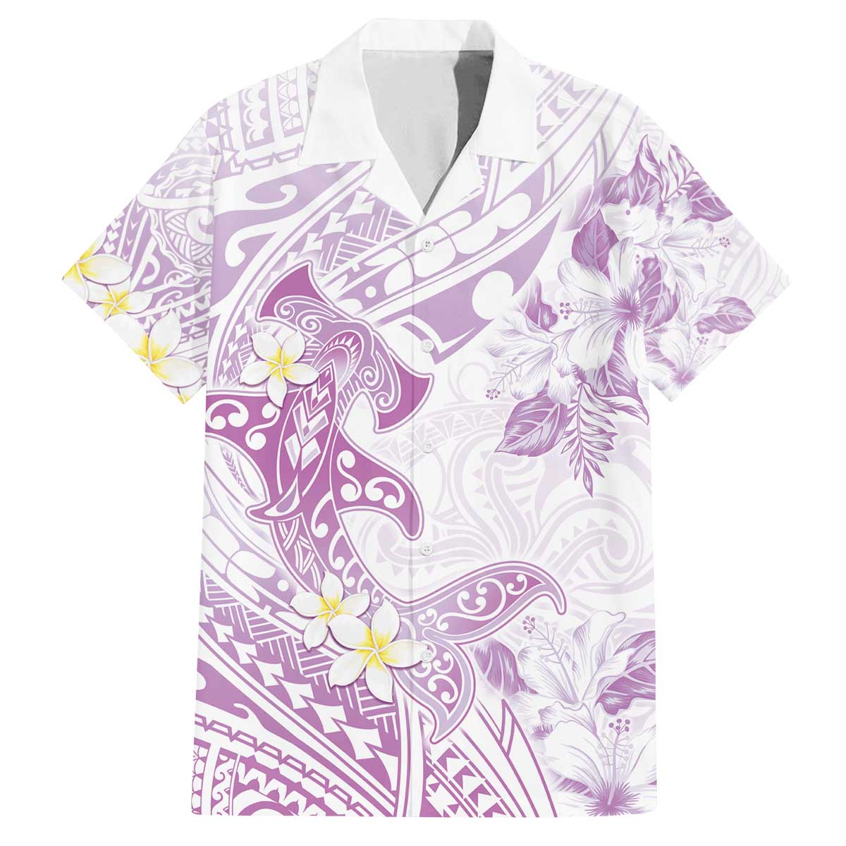 Polynesia Hammerhead Shark Family Matching Puletasi and Hawaiian Shirt Tropical Flowers Tribal Pattern Lavender