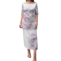 Polynesia Hammerhead Shark Family Matching Puletasi and Hawaiian Shirt Tropical Flowers Tribal Pattern Lavender