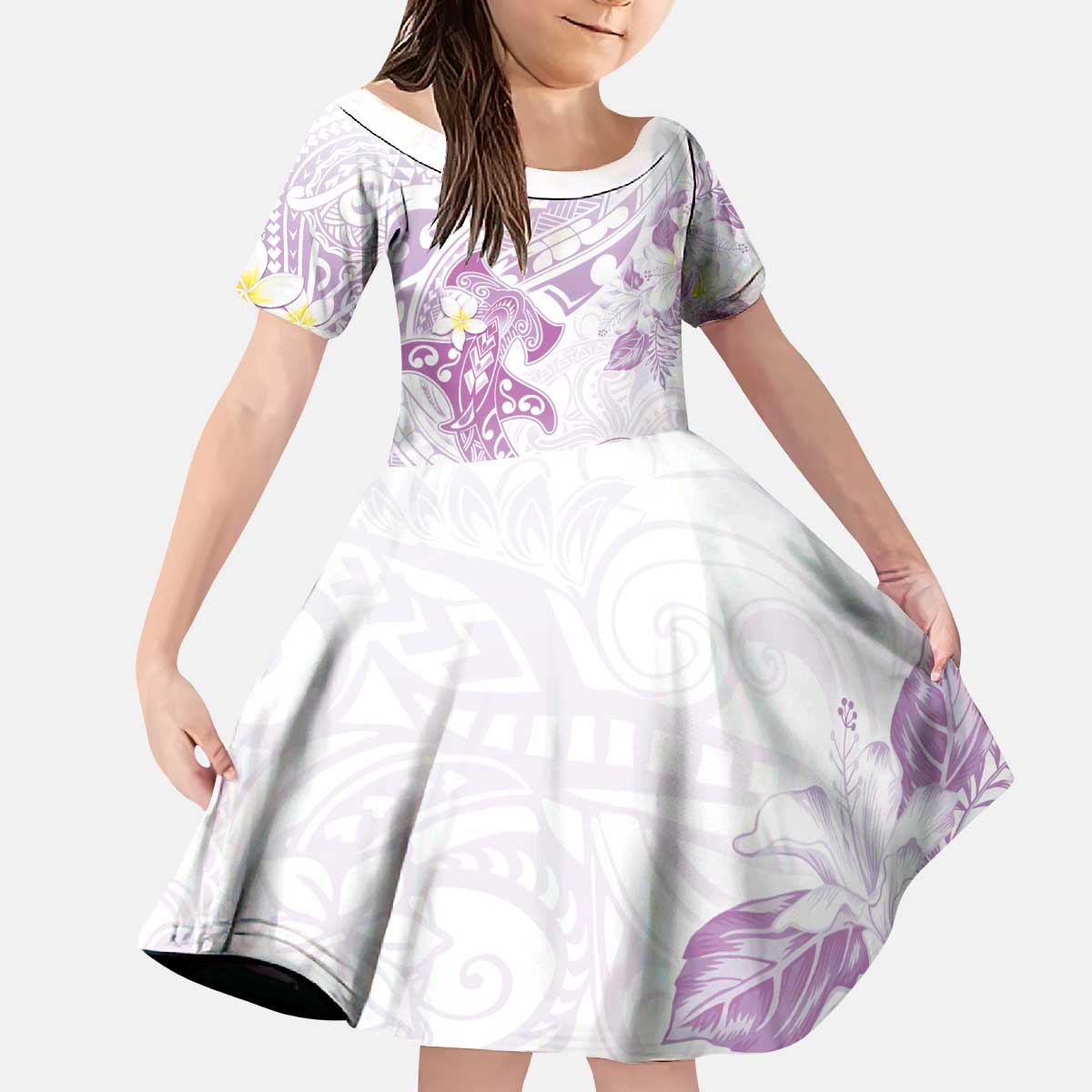 Polynesia Hammerhead Shark Kid Short Sleeve Dress Tropical Flowers Tribal Pattern Lavender LT05 KID Purple - Polynesian Pride